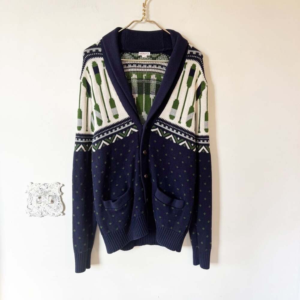 Merona Shawl Collar Grandpa Cardigan Sweater Boating Lake Life Fair Isle M